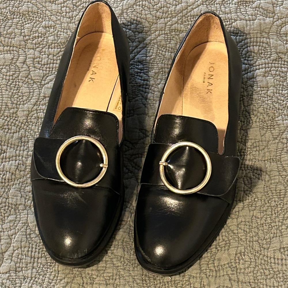 Jonak Paris Black Leather Loafers with Gold Ring Buckle